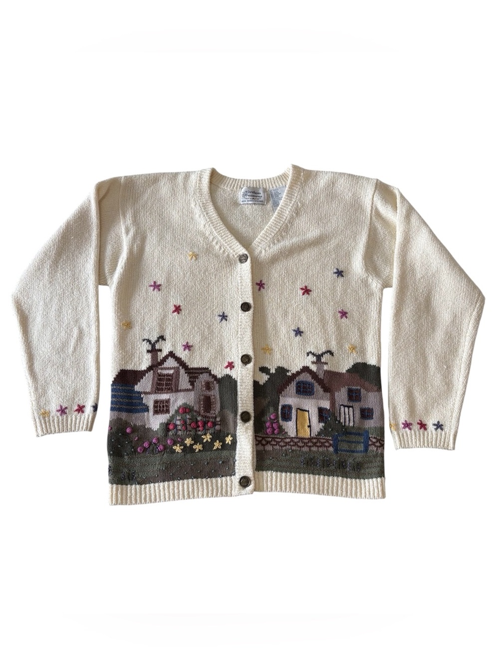 Vintage Embroidered Village Landscape Knit Cardigan